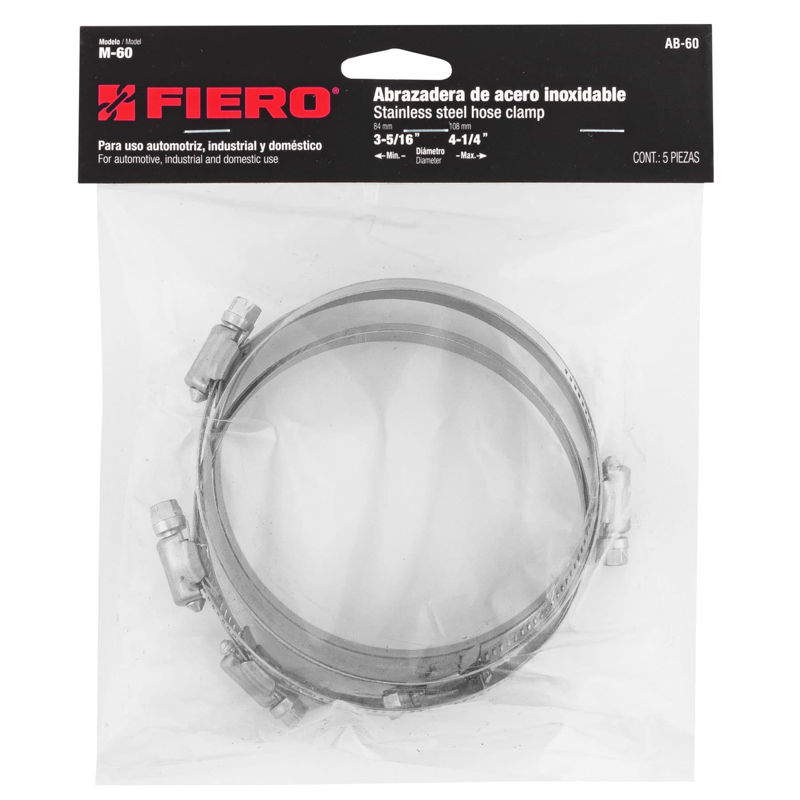 Bolsa con 5 abrazaderas sin fin #60, 3-5/16 - 4-1/4", FIERO