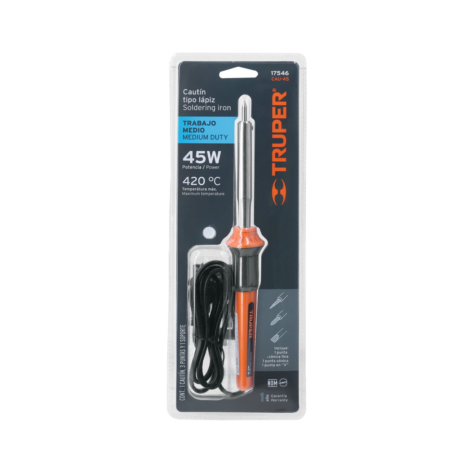Cautín 45 W tipo lápiz para trabajo medio, TRUPER