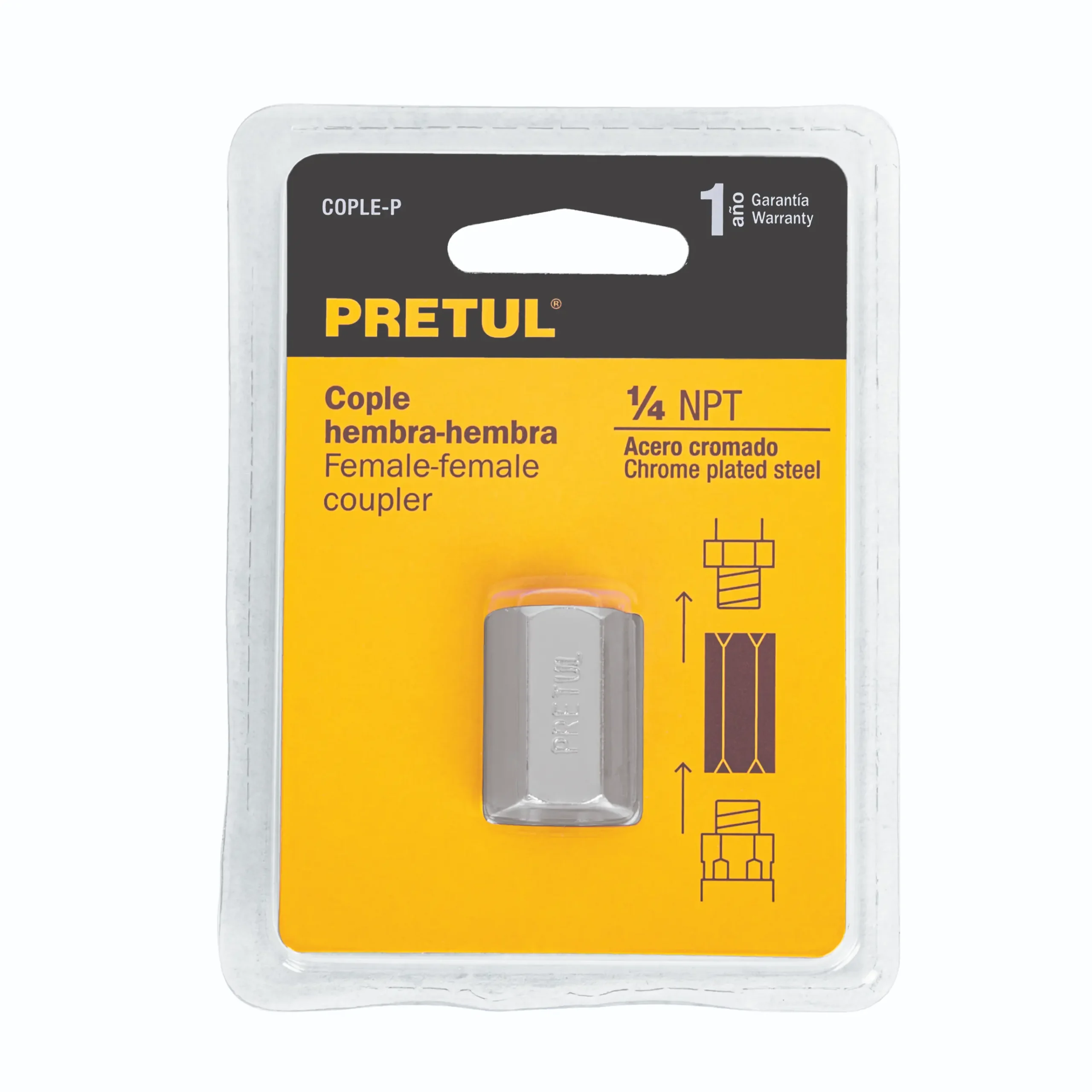 Cople de acero, hembra-hembra, cuerda 1/4" NPT, PRETUL