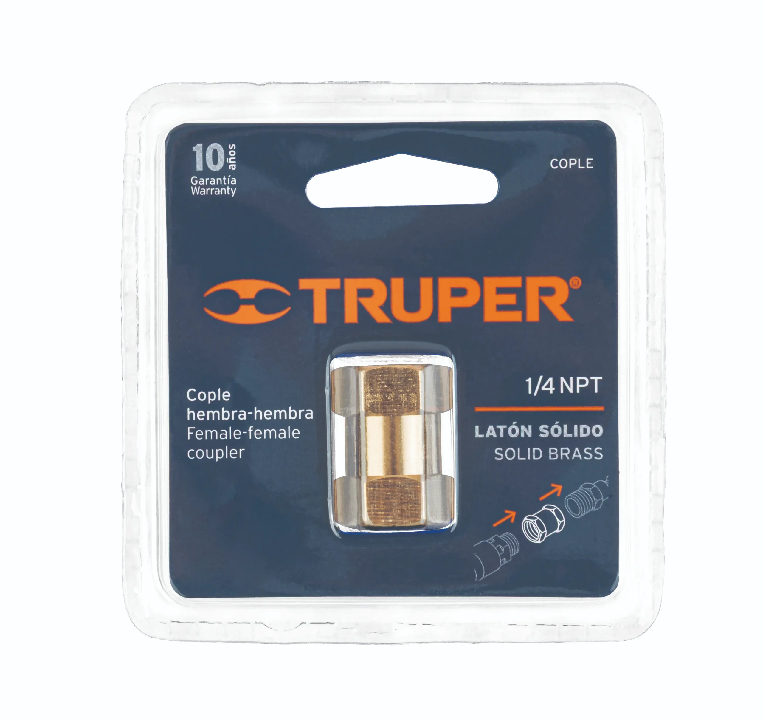 Cople de latón, hembra-hembra, cuerda 1/4" NPT, TRUPER