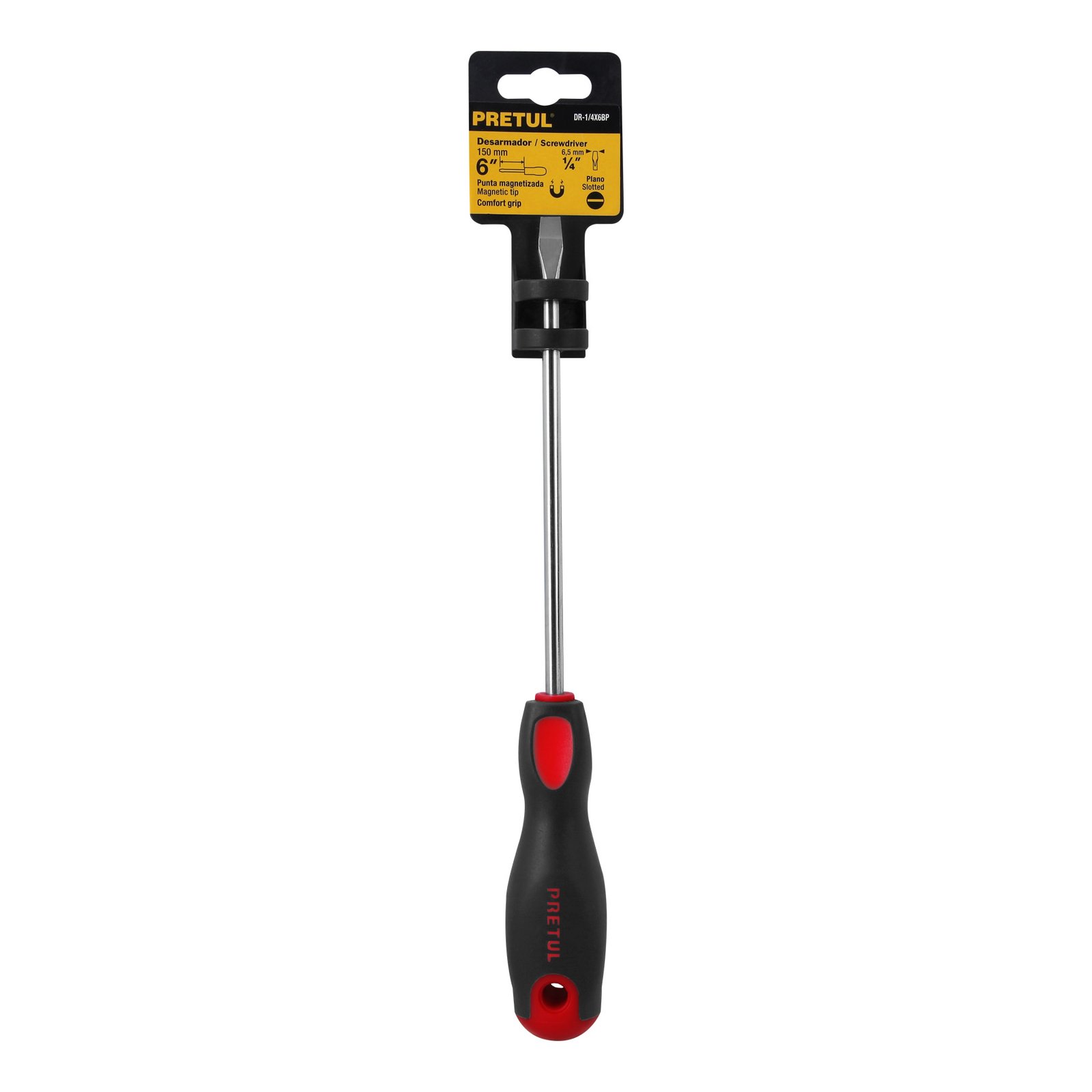 Desarmador plano 1/4" x 6"mango Comfort Grip, PRETUL