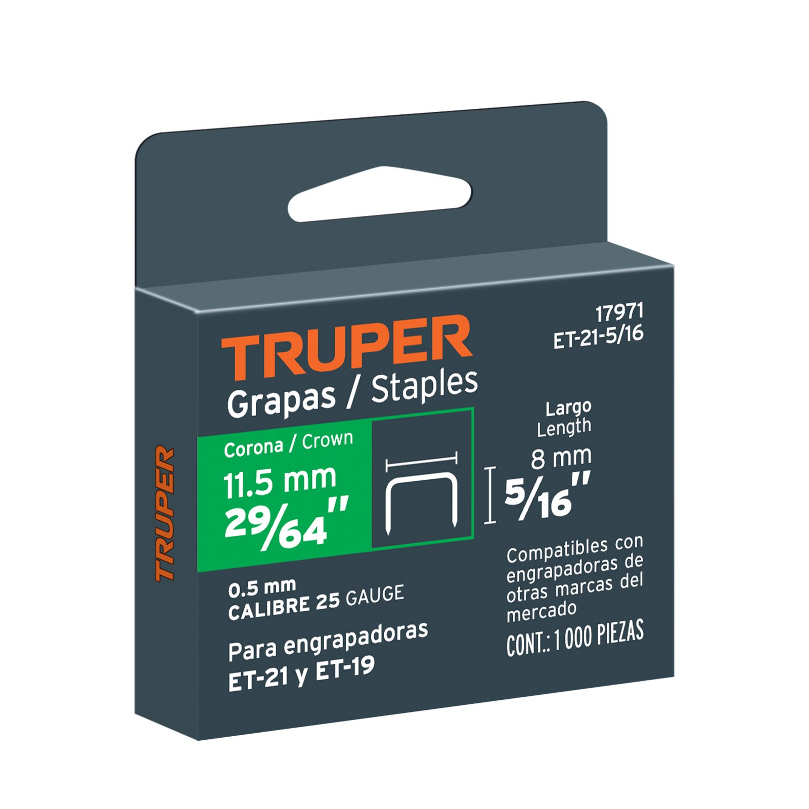 1000 grapas 5/16" corona 11.2 mm, para ET-21 y ET-19, TRUPER