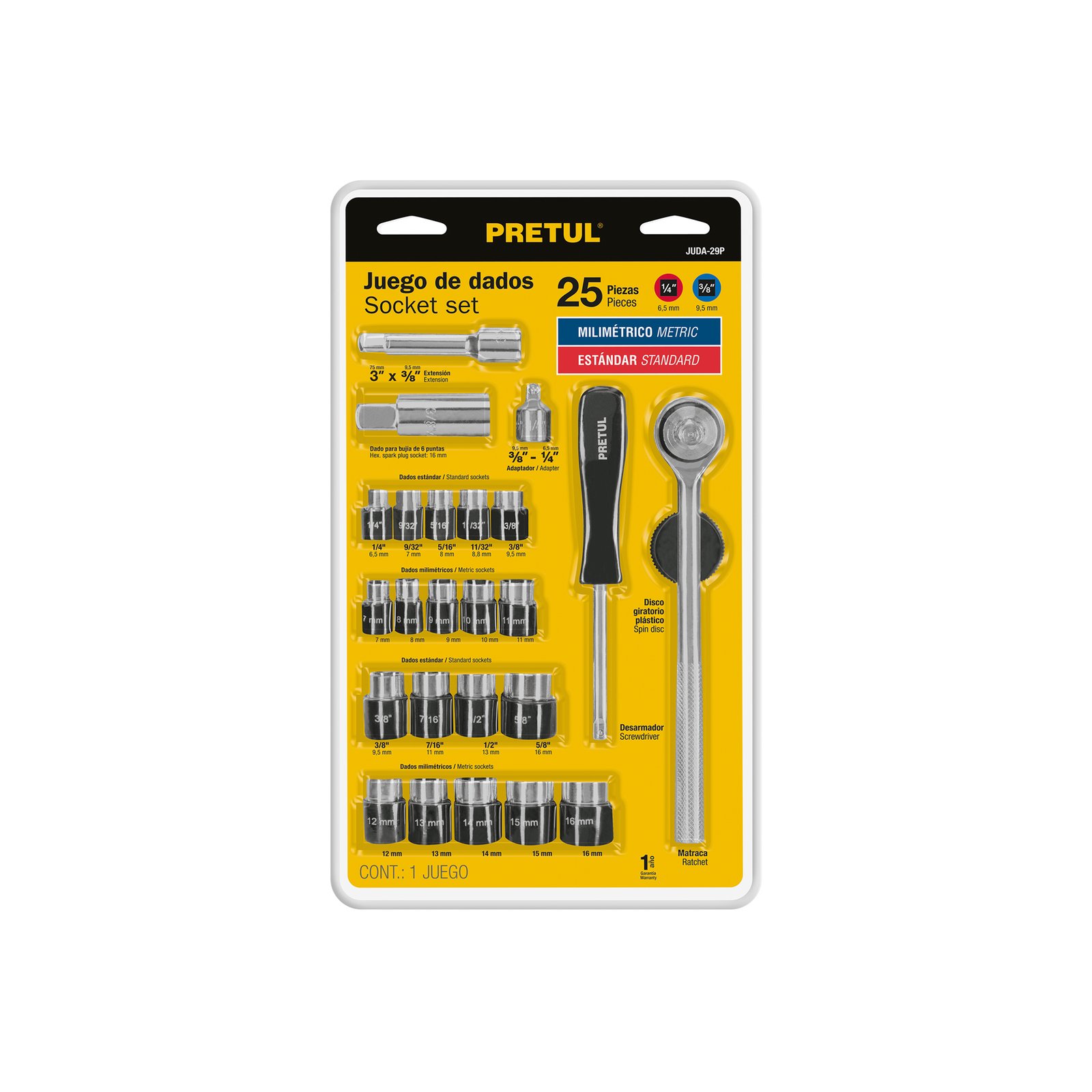 Juego de 25 herramientas 1/4" y 3/8" para mecánico, PRETUL