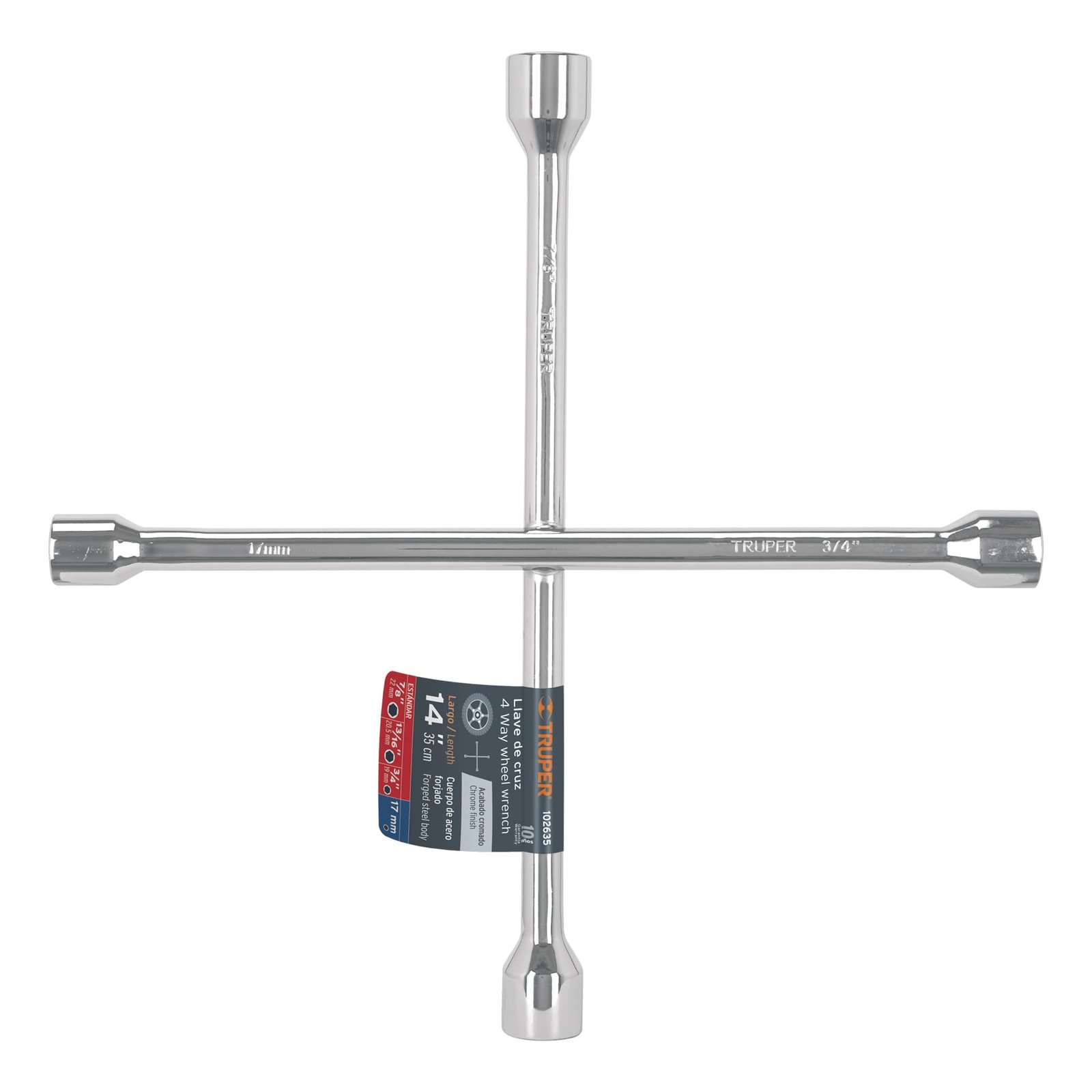 Llave de cruz 14" pulida y cromada, TRUPER