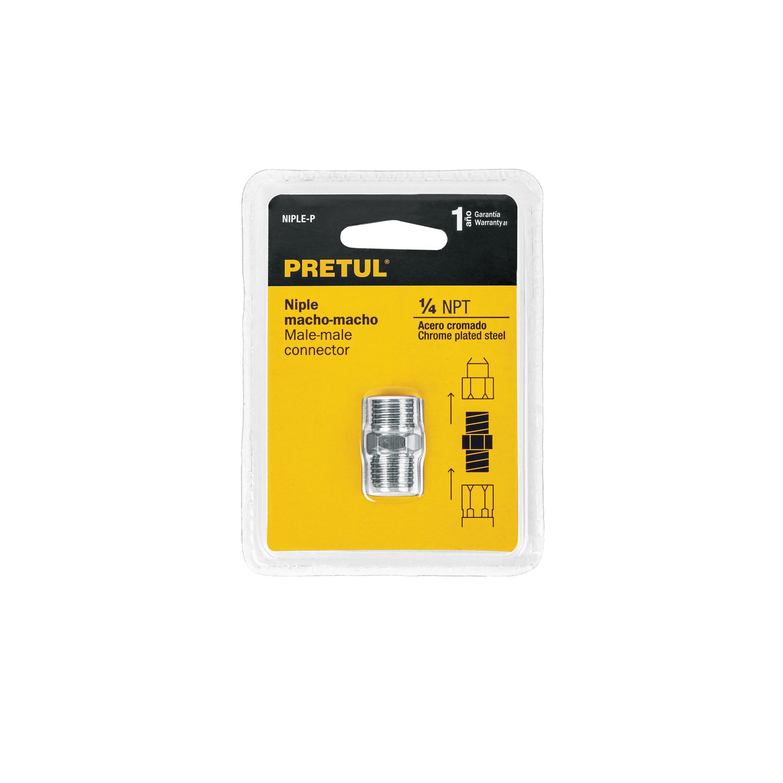 Niple de acero, macho-macho, cuerda 1/4" NPT, PRETUL