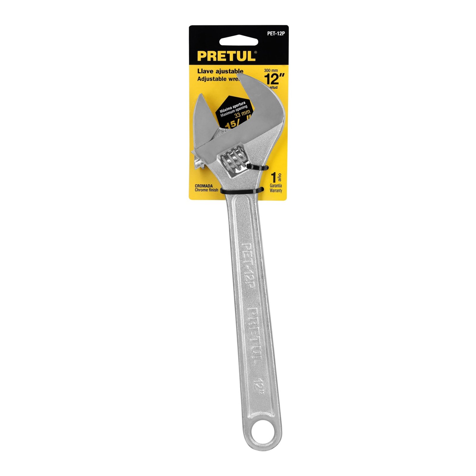 Llave ajustable (perico) 12" cromada, PRETUL