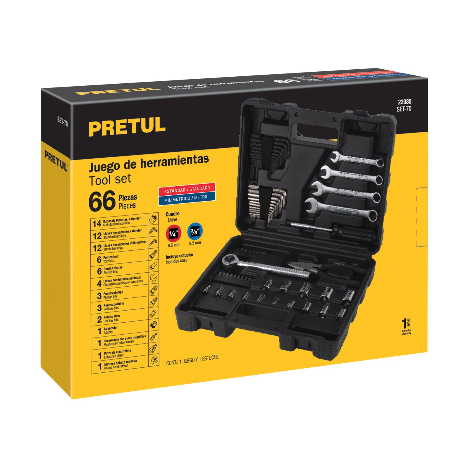 Juego de 66 herramientas 1/4" y 3/8" para mecánico, PRETUL
