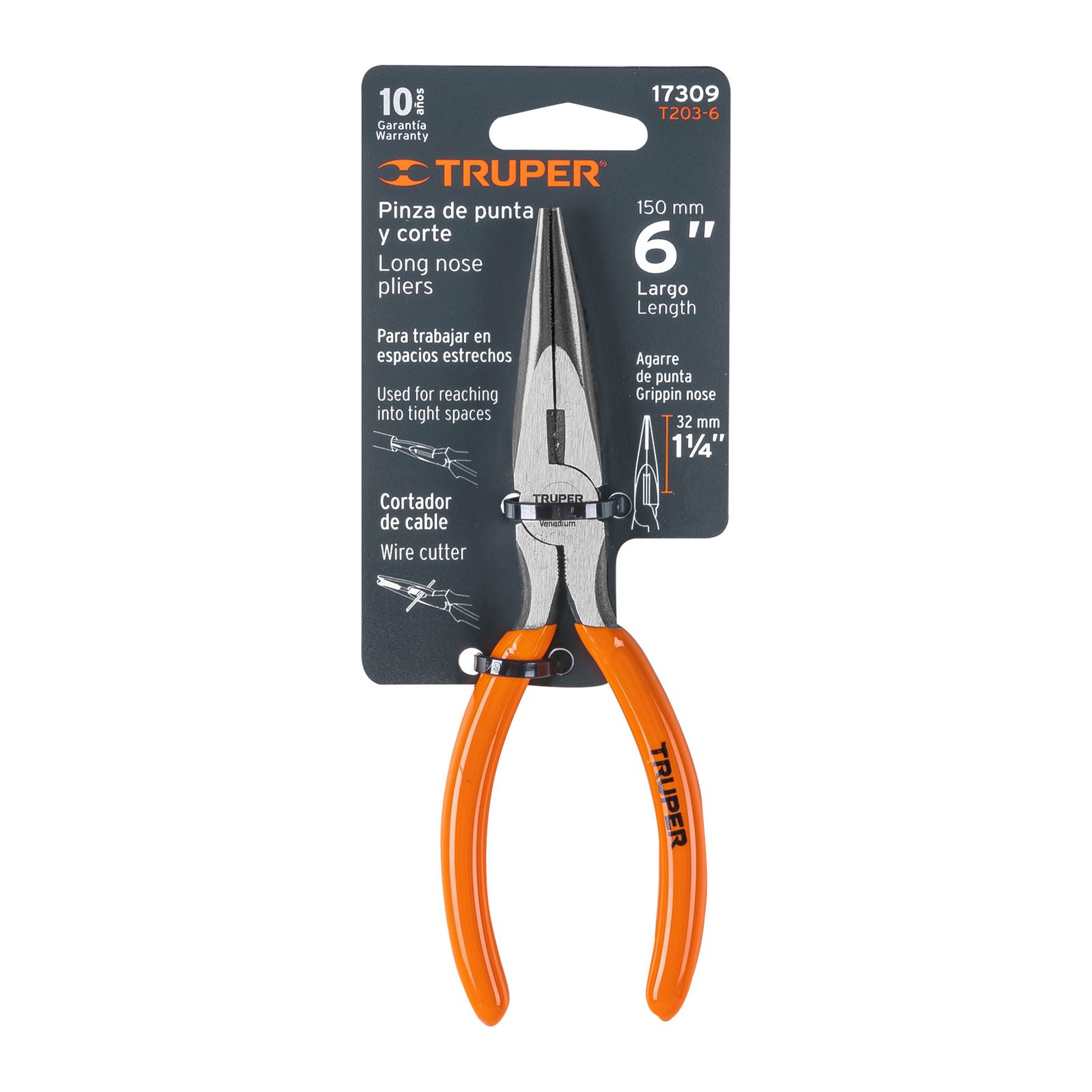 Pinza de punta y corte 6" mango de PVC, TRUPER