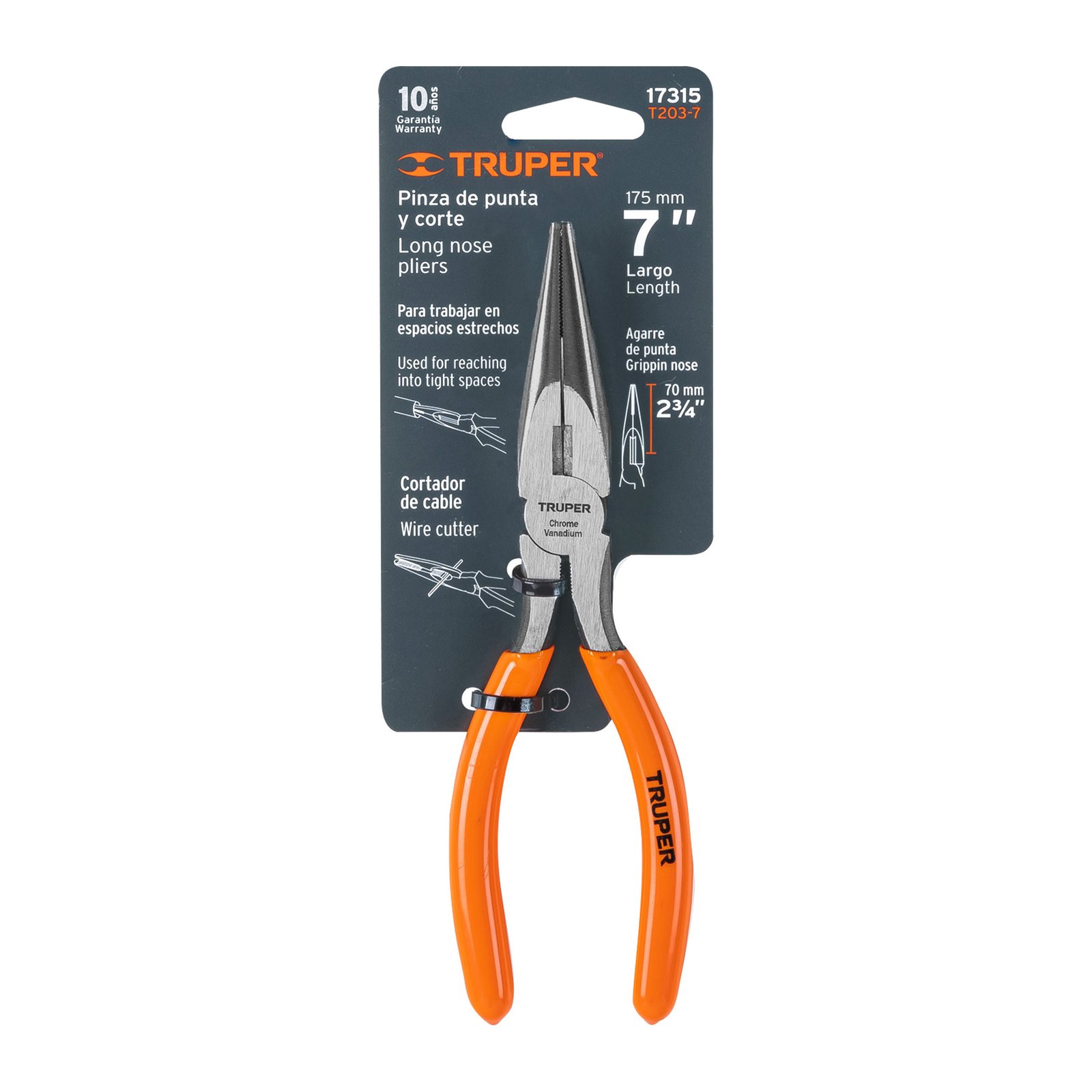 Pinza de punta y corte 7" mango de PVC, TRUPER
