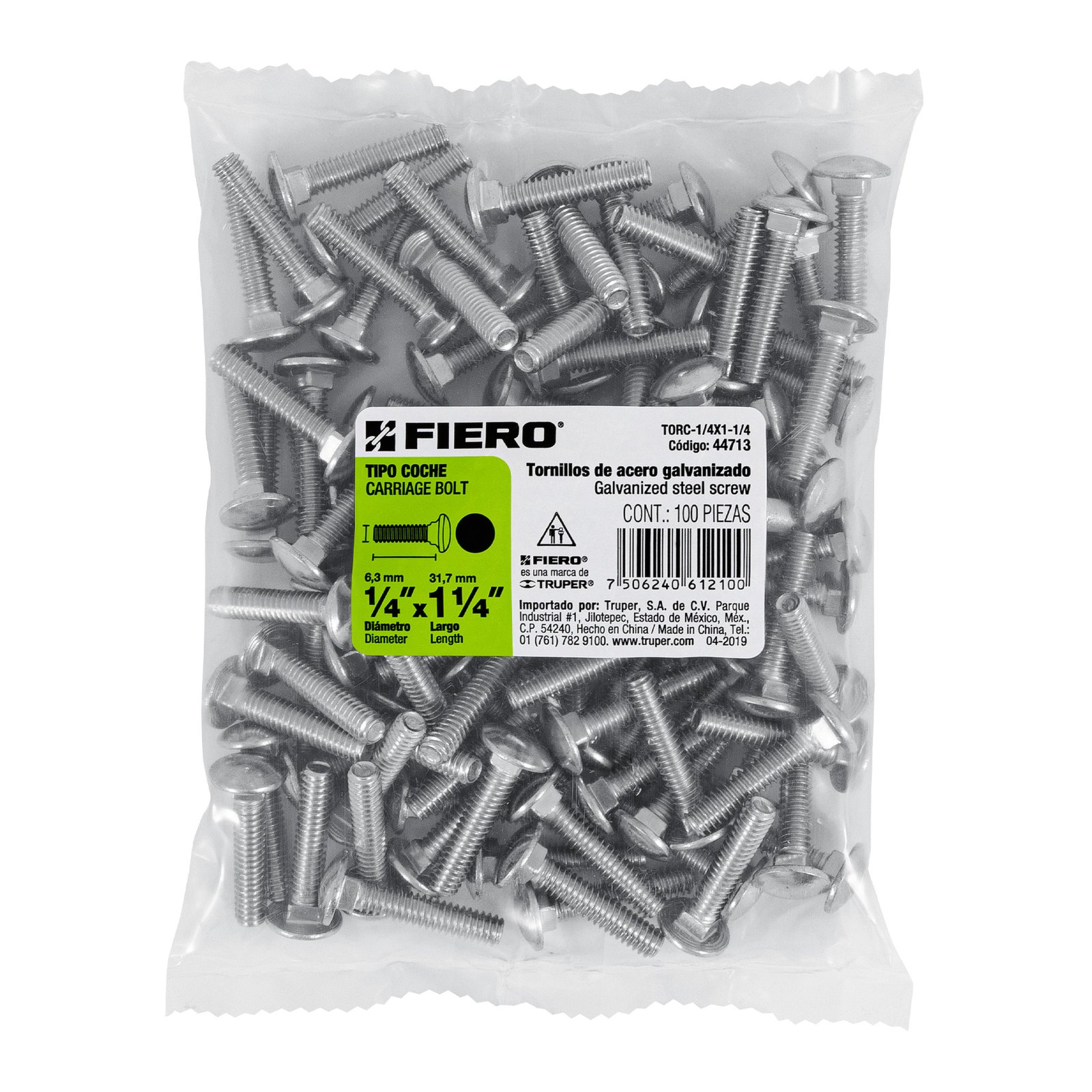 Bolsa con 100 tornillos 1/4" x 1-1/4" tipo coche, FIERO