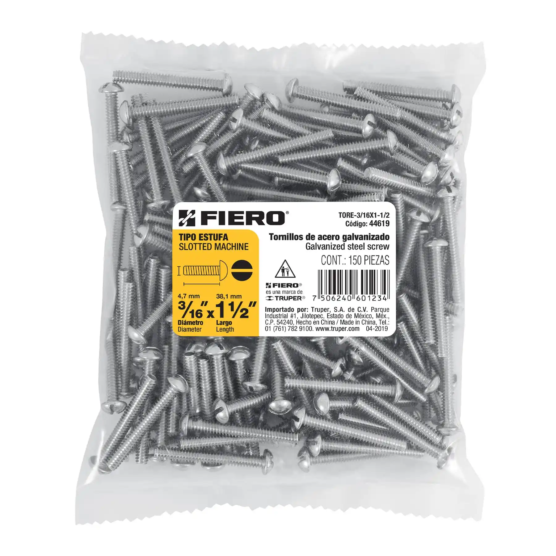 Bolsa con 150 tornillos 3/16" x 1-1/2" tipo estufa, FIERO