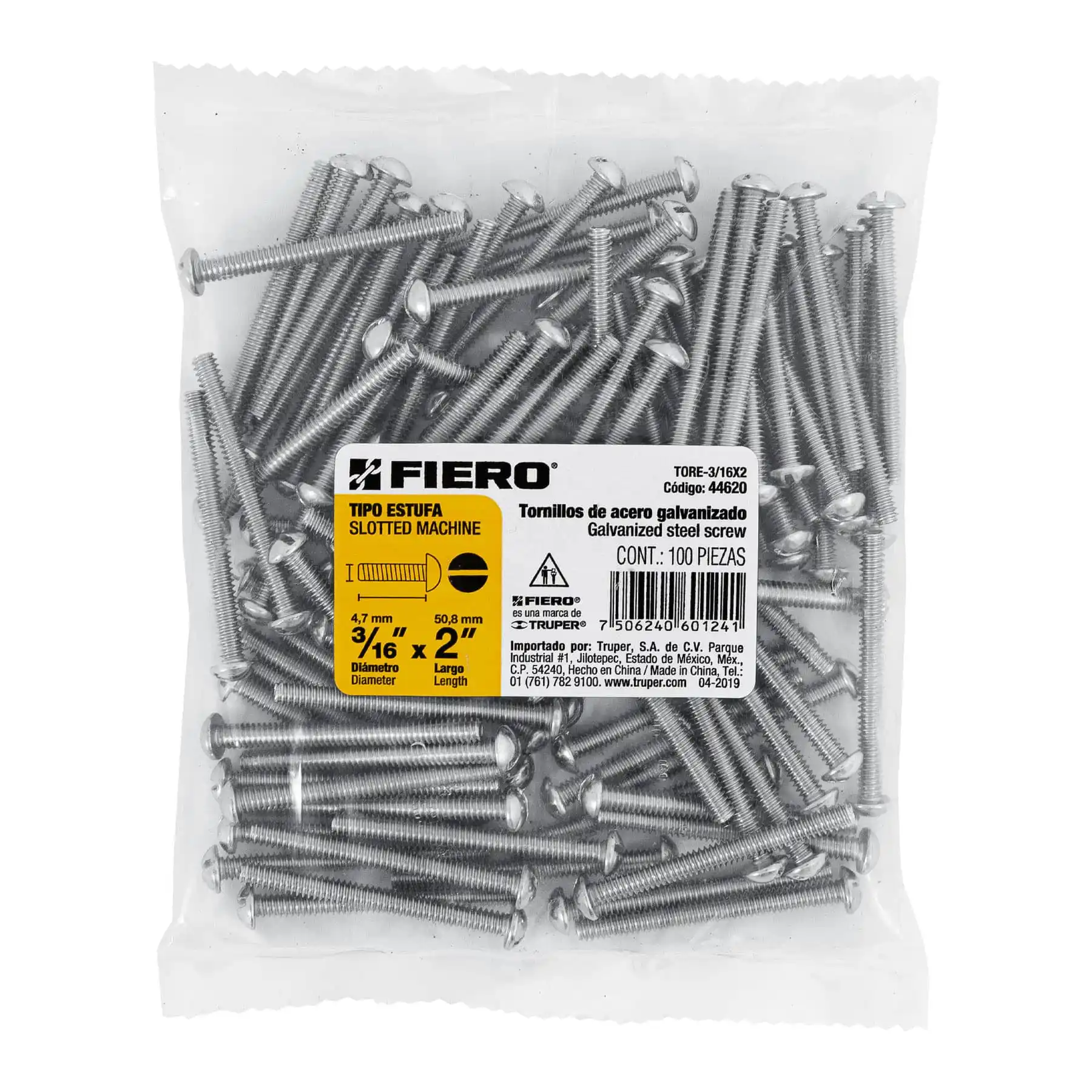 Bolsa con 100 tornillos 3/16" x 2" tipo estufa, FIERO