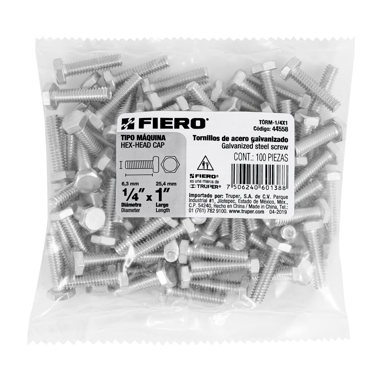 Bolsa con 100 tornillos 1/4" x 1" tipo máquina, FIERO