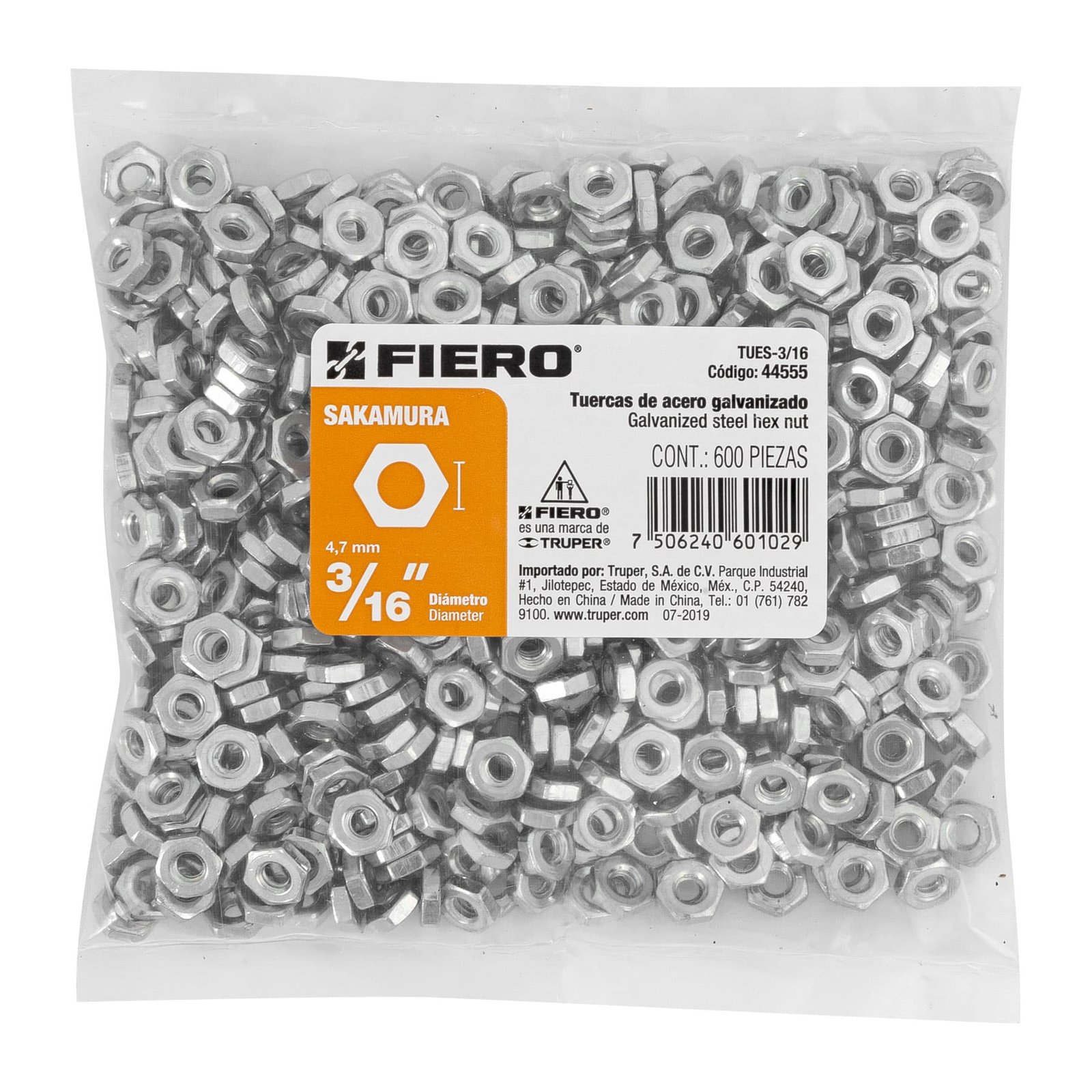 Bolsa con 600 tuercas 3/16" hexagonales tipo Sakamura, FIERO