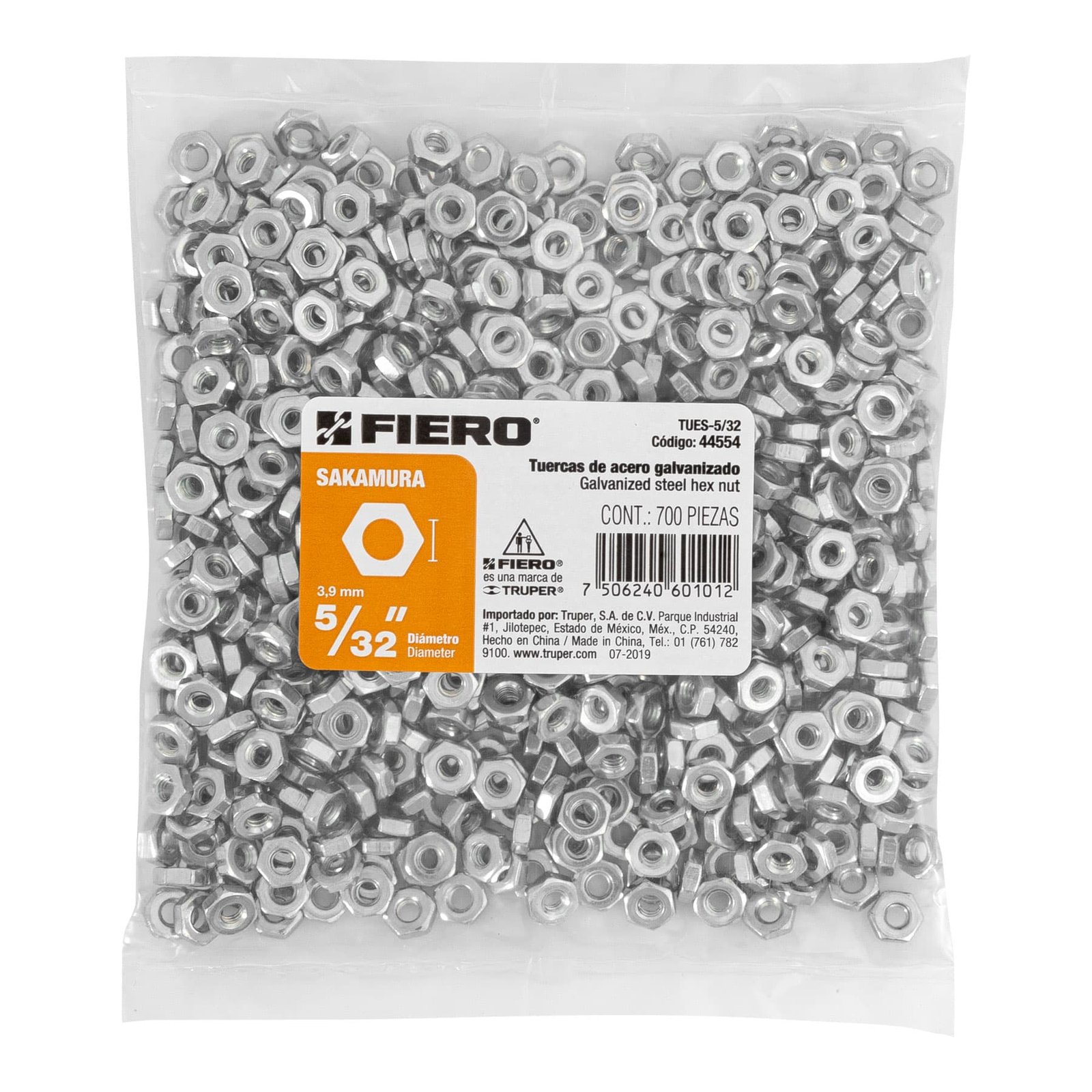 Bolsa con 700 tuercas 5/32" hexagonales tipo Sakamura, FIERO